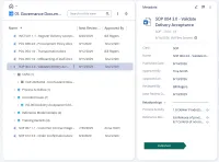 The Governance Documents view with published policies, procedures and instructions, their next review date and approver in columns, SOP 004 opened to the CAPA and the recorded issue linked to it, and its metadata card beside the list